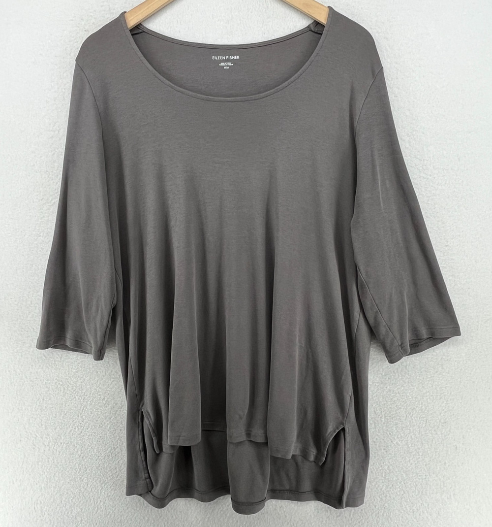 EILEEN FISHER Tunic M Organic Cotton Jersey Scoop Neck 3/4 Sleeve Hi Low Gray